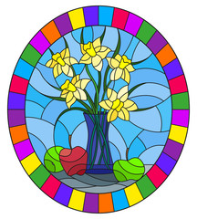 Illustration in stained glass style with bouquets of Narcissus flowers in a blue vase and apples on table on blue background, oval image in bright frame