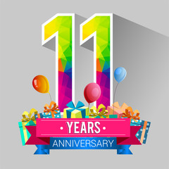 11 Years Anniversary Celebration Design, with gift box and balloons, red ribbon, Colorful polygonal logotype, Vector template elements for your birthday party.
