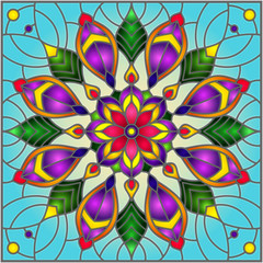 Illustration in stained glass style with abstract floral ornaments, flowers, leaves and curls on blue background, square image