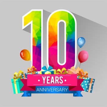 10 Years Anniversary Celebration Design, with gift box and balloons, red ribbon, Colorful polygonal logotype, Vector template elements for your birthday party.