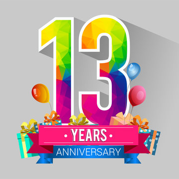 13 Years Anniversary Celebration Design, with gift box and balloons, red ribbon, Colorful polygonal logotype, Vector template elements for your birthday party.