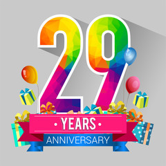 29 Years Anniversary Celebration Design, with gift box and balloons, red ribbon, Colorful polygonal logotype, Vector template elements for your birthday party.