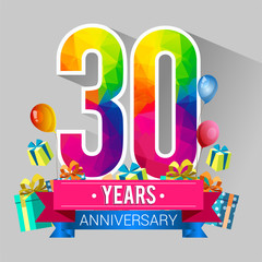 30 Years Anniversary Celebration Design, with gift box and balloons, red ribbon, Colorful polygonal logotype, Vector template elements for your birthday party.