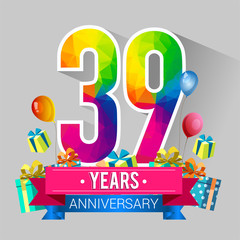 39 Years Anniversary Celebration Design, with gift box and balloons, red ribbon, Colorful polygonal logotype, Vector template elements for your birthday party.