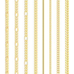 Golden Chains Set, Seamless Pattern on White Background.
