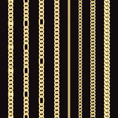 Golden Chains Set, Seamless Pattern on Black Background.