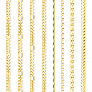 Golden Chains Set, Seamless Pattern on White Background.