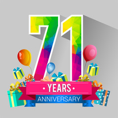 71 Years Anniversary Celebration Design, with gift box and balloons, red ribbon, Colorful polygonal logotype, Vector template elements for your birthday party.