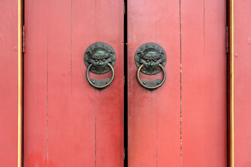 Door detail with brass lion door knockers close up, Buddha Tooth Relic Temple and Museum, Chinatown, Singapore, Asia