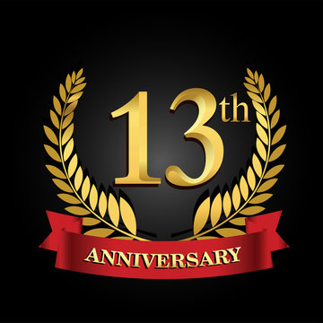 13 anniversary logo with red ribbon and golden laurel wreath, vector template for birthday celebration.