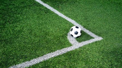 soccer Football on Corner kick line of ball and a soccer field , football field , background texture