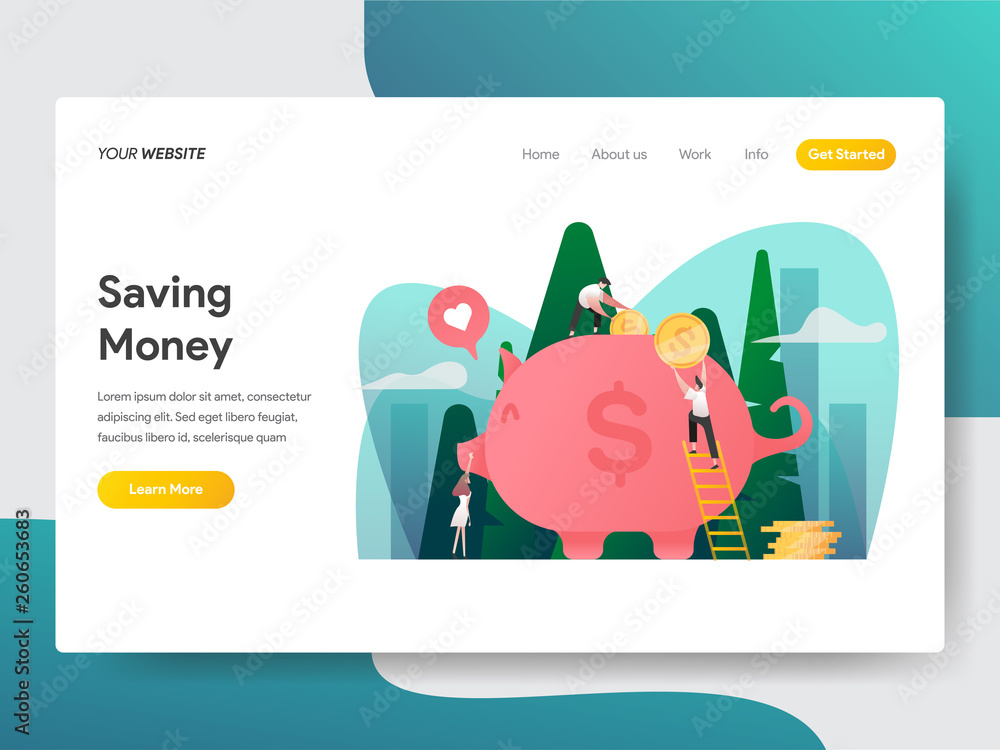Poster landing page template of saving money and piggy bank illustration concept. gradient color design con