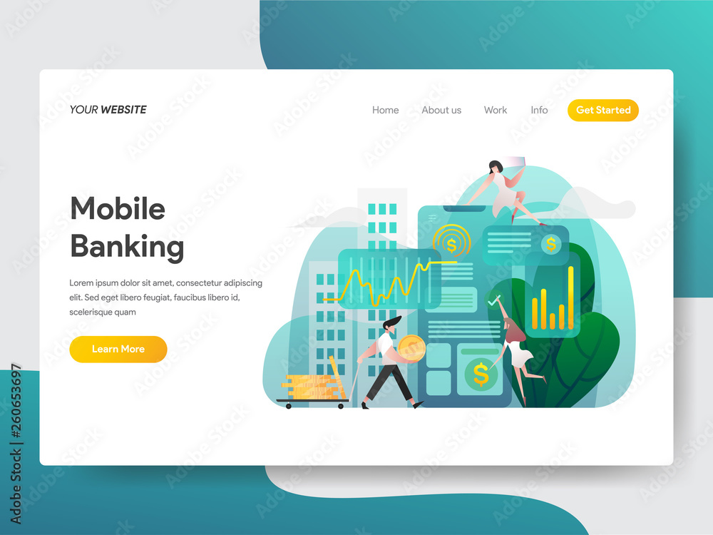 Poster landing page template of mobile banking illustration concept. gradient color design concept of web p