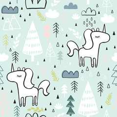 Cute seamless magic forest unicorn pattern for kids, baby apparel, fabric, textile, wallpaper, bedding, swaddles with unicorn, Scandinavian style for clothes, swaddles, apparel, planner, sticker