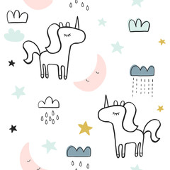 Cute seamless magic forest unicorn pattern for kids, baby apparel, fabric, textile, wallpaper, bedding, swaddles with unicorn, Scandinavian style for clothes, swaddles, apparel, planner, sticker