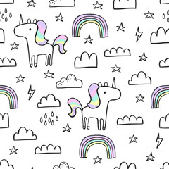 Cute seamless magic forest unicorn pattern for kids, baby apparel, fabric, textile, wallpaper, bedding, swaddles with unicorn, Scandinavian style for clothes, swaddles, apparel, planner, sticker