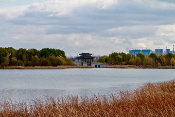 Fototapeta premium Lake with Chinese bridge. Late fall landscape.