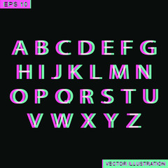 Stereoscopic stereo vector letters, alphabet.Colorful glitch alphabet.Black background.Vector Illustration.
