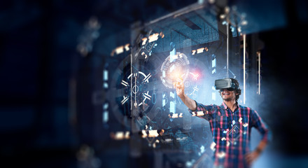 Fototapeta na wymiar Virtual reality experience. Technologies of the future. Mixed media