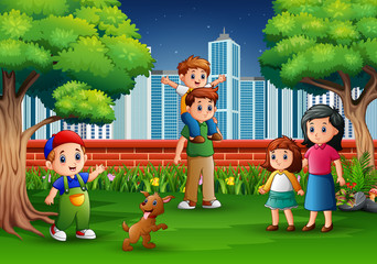Cartoon family having fun in the city park