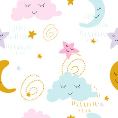 cute seamless space pattern with moon, stars and cloud.Creative night style kids for fabric wrapping textile wallpaper apparel background Children