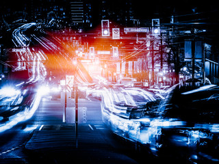 light trails go out of the downtown vancouver