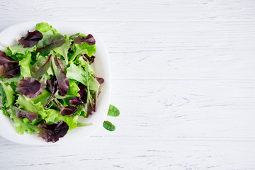 Plate with lettuce on a white wooden background. Salad greens. Organic food. Food For Vegans. Design a banner with natural food. Salad to lose weight. Flat lay, top view.