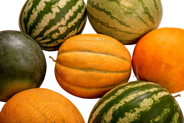 Whole watermelons and melons of different varieties are close-up on a white wooden background. Agricultural Ukraine. Flat lay, copy space, space for text.