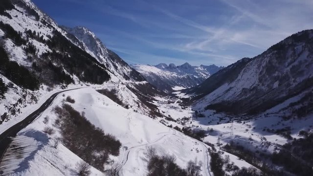 Aerial images of a snowy mountain road. Carretera de la Bonaigua in the Valley of Aran. Engraved with a pro 1080 30fps mavic.