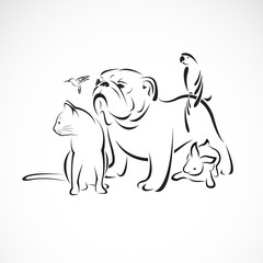 Vector group of pets - Dog, cat, bird, macaw, rabbit isolated on white background., Pet logo or Icon, Vector pet for your design.