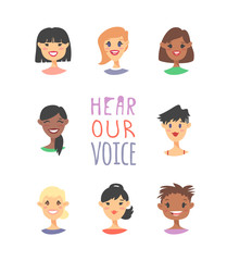 Set of a group of different people and text. Cartoon style characters of different races. Vector illustration caucasian, asian and african american women and quote