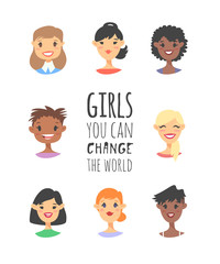 Set of a group of different people and text. Cartoon style characters of different races. Vector illustration caucasian, asian and african american women and quote