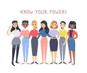 Obraz premium Set of a group of different people and text. Cartoon style characters of different races. Vector illustration caucasian, asian and african american women and quote
