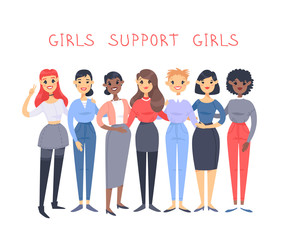 Obraz premium Set of a group of different people and text. Cartoon style characters of different races. Vector illustration caucasian, asian and african american women and quote