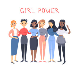 Fototapeta premium Set of a group of different people and text. Cartoon style characters of different races. Vector illustration caucasian, asian and african american women and quote