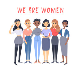 Fototapeta premium Set of a group of different people and text. Cartoon style characters of different races. Vector illustration caucasian, asian and african american women and quote