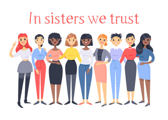 Fototapeta premium Set of a group of different people and text. Cartoon style characters of different races. Vector illustration caucasian, asian and african american women and quote