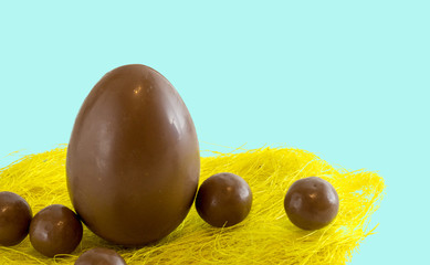 Chocolate eggs in bird nest , Easter holiday decorations , Easter concept background. Eggs hunt.