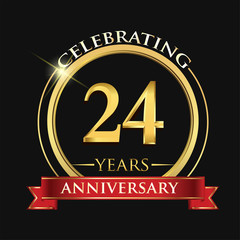 Celebrating 24 years anniversary logo. with golden ring and red ribbon.