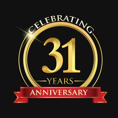 Celebrating 31 years anniversary logo. with golden ring and red ribbon.