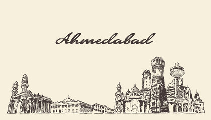 Ahmedabad skyline India vector hand drawn sketch