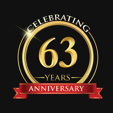 Celebrating 63 years anniversary logo. with golden ring and red ribbon.