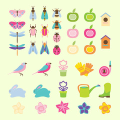 Vector illustration of spring time. Spring object collection, floral elements and decoration.