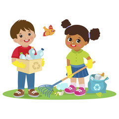 Children Collect Rubbish For Recycling Vector Illistration. Eco Education Vector. Boy And Girl Gathering Garbage And Plastic Waste For Recycling. Kids Help Save The World.