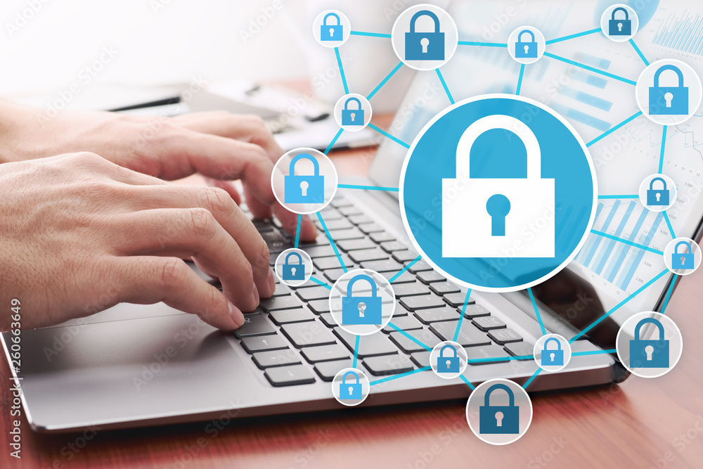 Poster Network security system and internet data security concept.Businessman using laptop.