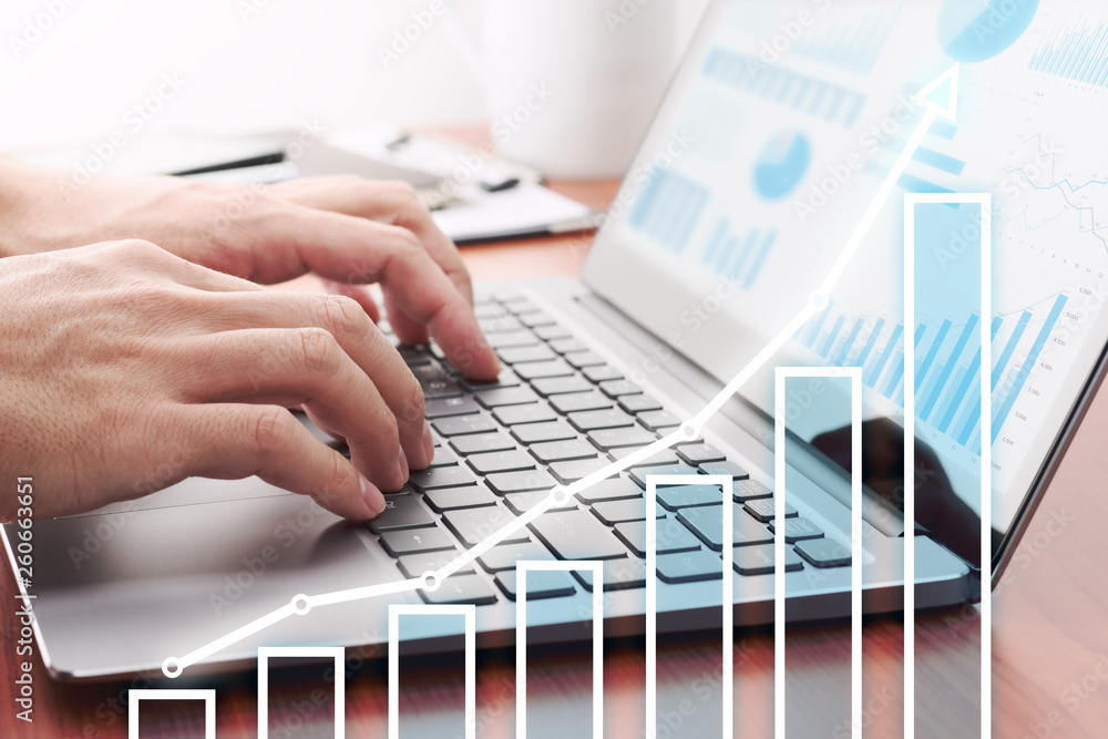 Poster business growth concept. businessman analyzing data and preparing reports.laptop and growth graphs.