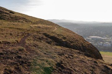 EDINBURGH, SCOTLAND, 20 February 2019, Cityscape of Edinburgh from Arthur's seat in beautiful February sunny day. Edinburgh, the most popular tourist city destination in Scotland