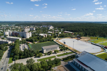 Top down aerial drone image of a Ekaterinburg with stadiums: ready and under construction. Midst of...