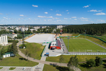 Top down aerial drone image of a Ekaterinburg with stadiums: ready and under construction. Midst of...