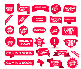 Set of Coming Soon promo banners, stickers and tag labels. Red shop or store banners and ribbon signs. Vector illustration. Isolated on white background.